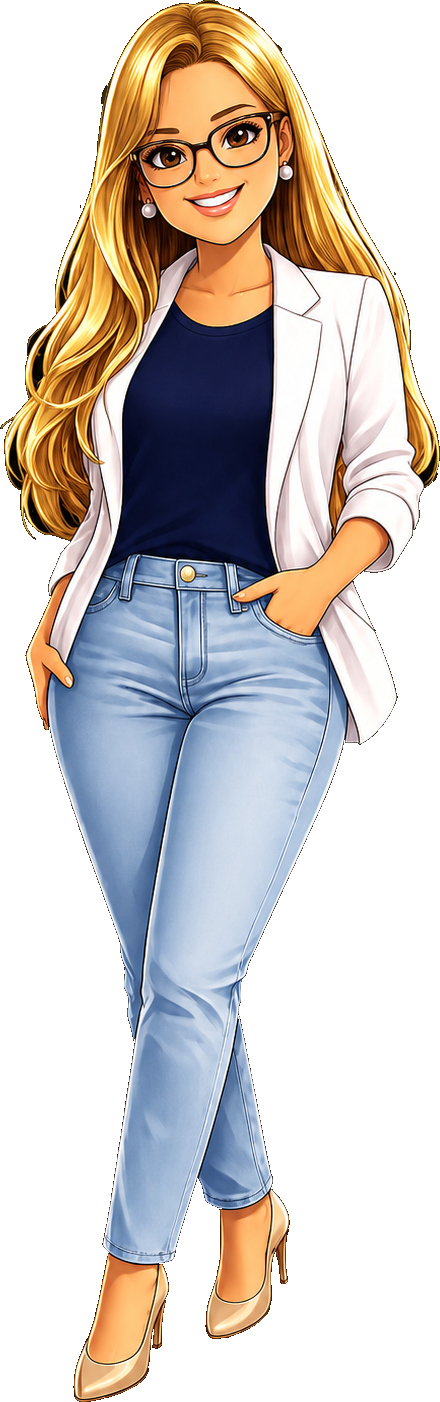 Dindinha, mascote oficial da Dindinha Papelaria: mulher elegante de óculos, blazer branco e jeans, sorrindo